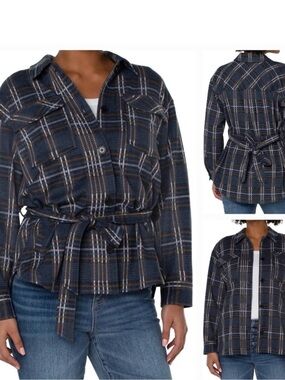 Liverpool Jeans Company Blue Plaid Belted Utility Shacket